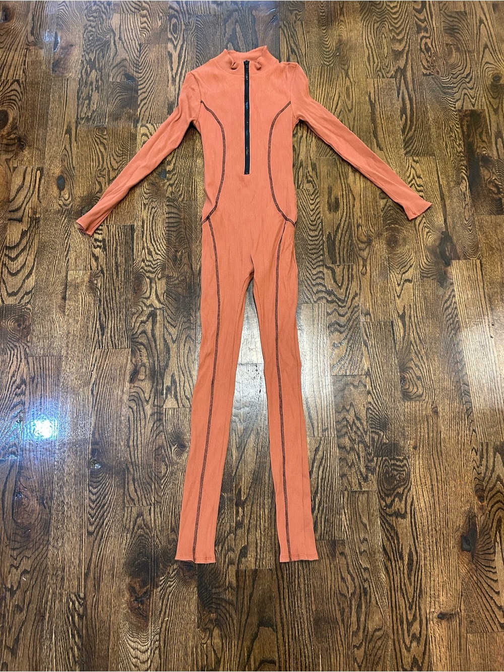 Akira Long-Sleeve Slim Jumpsuit in Burnt Orange